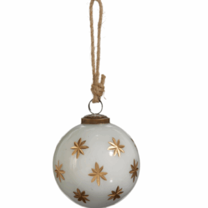 Ivory with Gold Star Etched Ball Ornament 4"